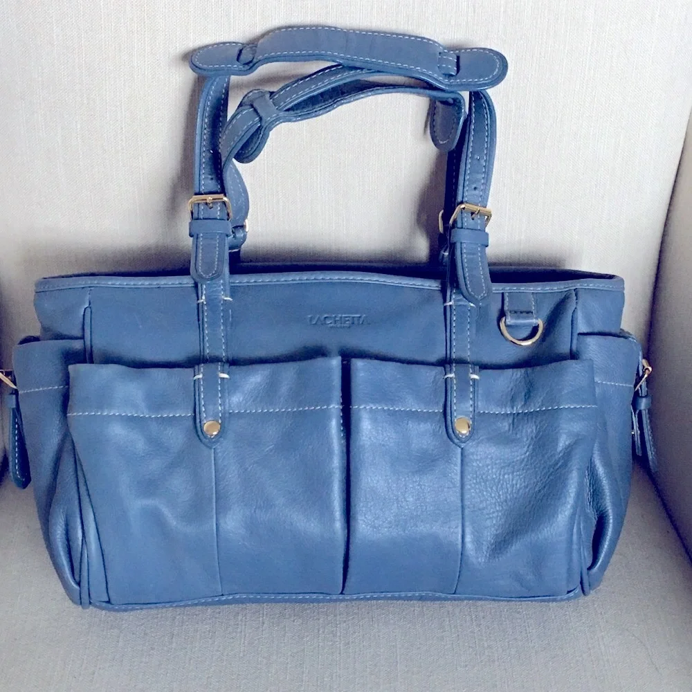 Blue Leather Hobobag with Dual Front Pockets